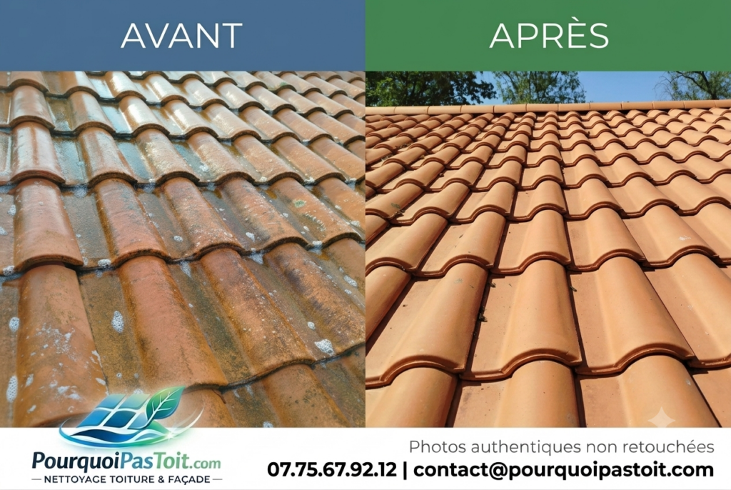 Illustration avant/après le démoussage d'une toiture réalisé par Pourquoi Pas Toit à Haute Goulaine