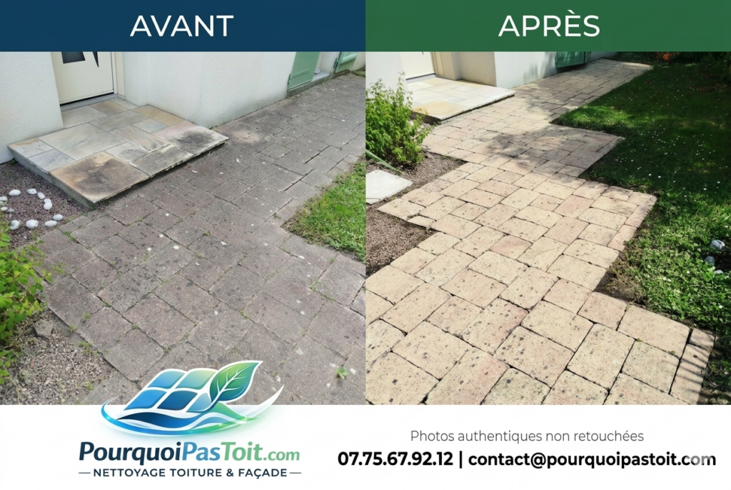 Illustration avant/après un nettoyage efficace d'une terrasse à l'entrée d'une maison